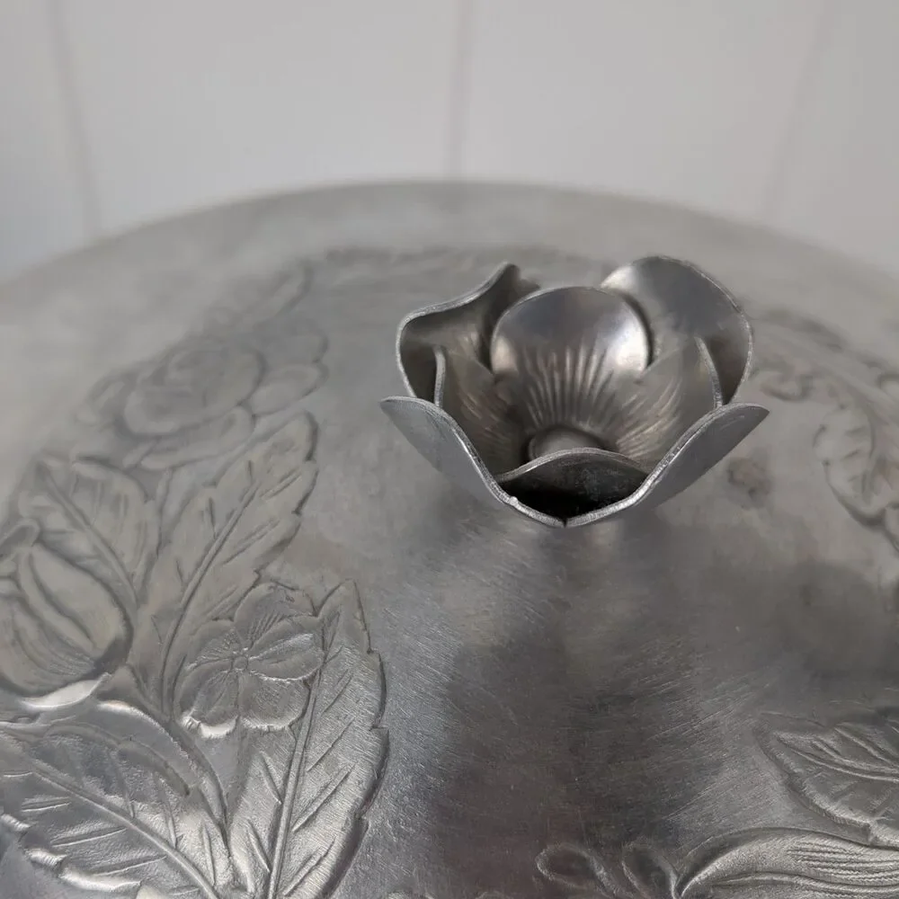 Vintage Hammered Aluminum Ice Bucket Floral Rose Midcentury Art Nouveau